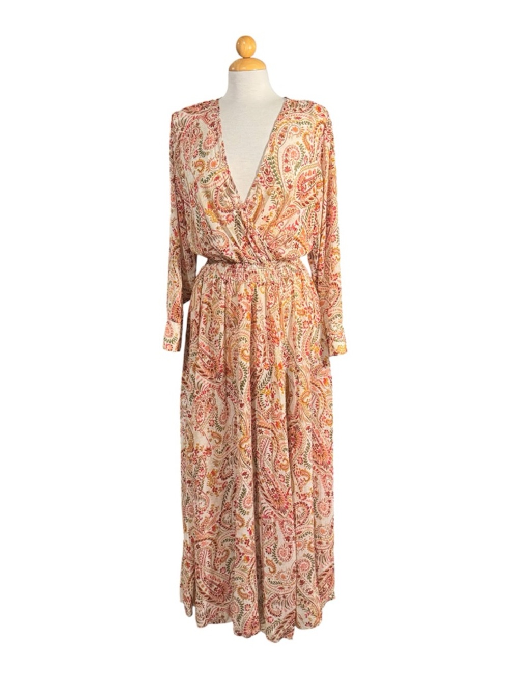 Sheer Paisley Faux Wrap Maxi Dress in Cream and Peach